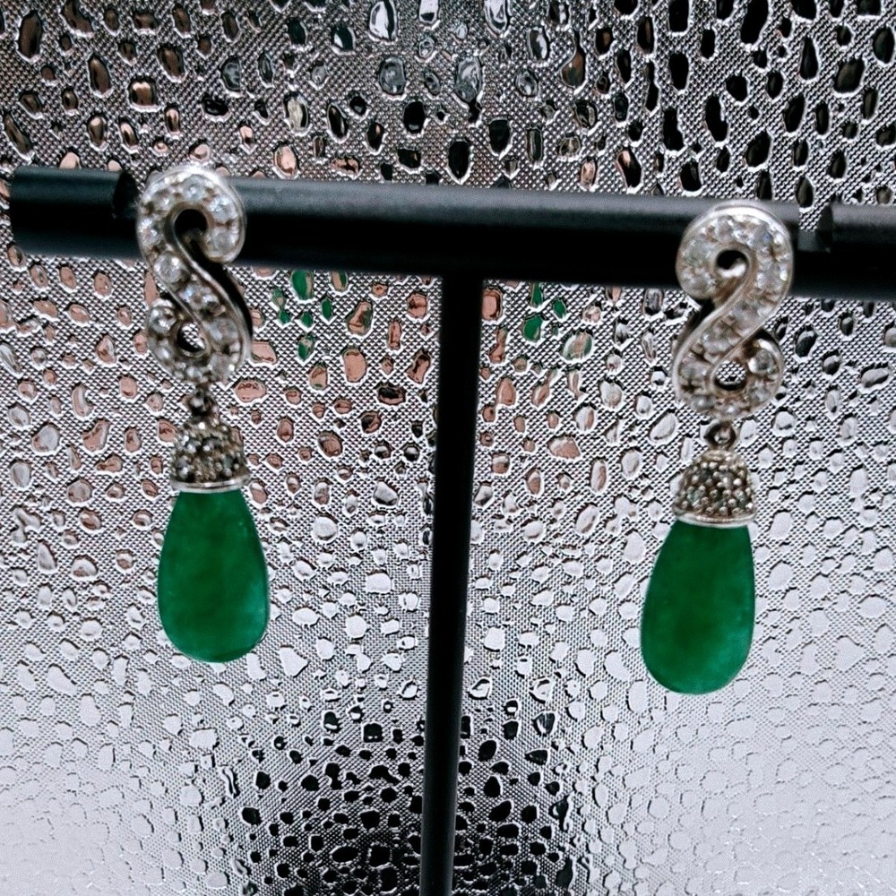 Silver Jade Diamond Teardrop Necklace Herringbone Chain and Drop Earrings Set